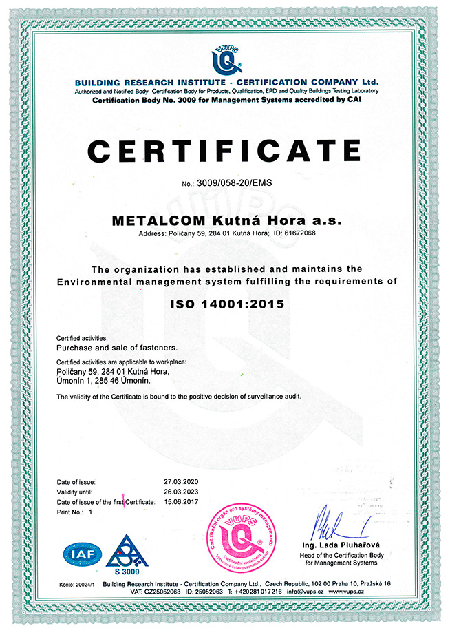Certificate ISO 14001 Metalcom Kutná Hora a.s.