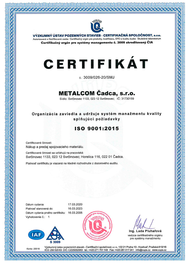 Certifikát ISO 9001 Metalcom Čadca, s.r.o.