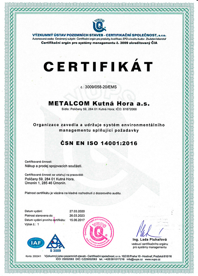 Certifikát ISO 14001 Metalcom Kutná Hora a.s.