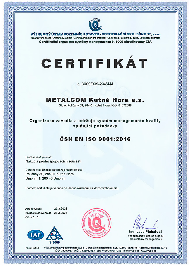 Certifikát ISO 9001 Metalcom Kutná Hora a.s.