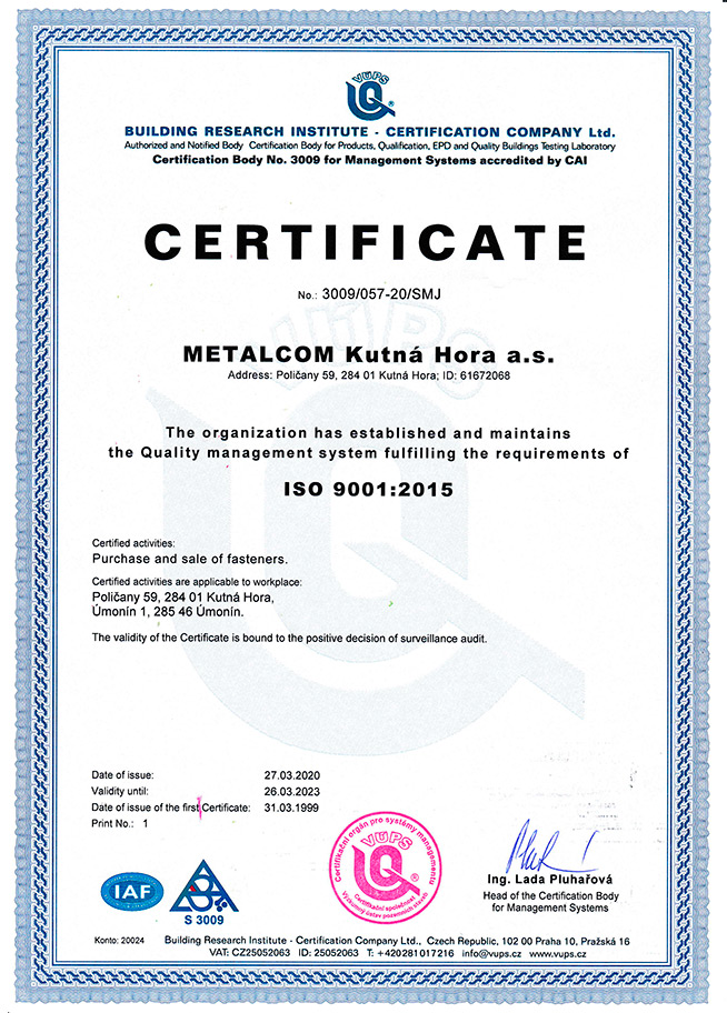 Certifikát ISO 9001 Metalcom Kutná Hora a.s.