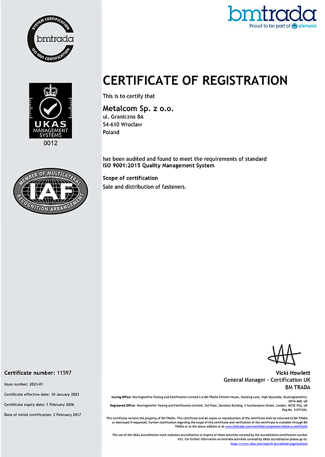 Certifikát ISO 9001 Metalcom Sp. z o.o.