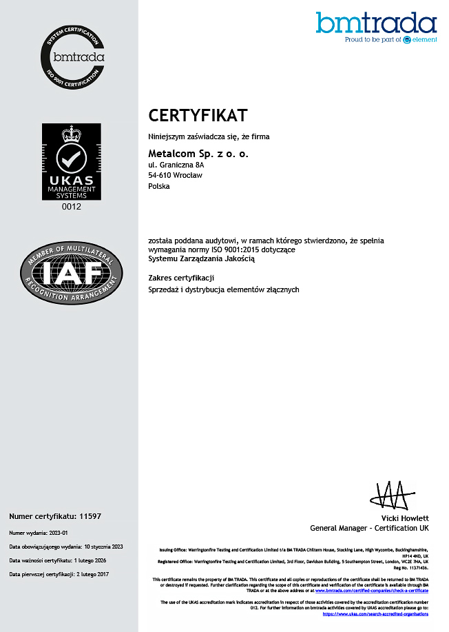 Certificate ISO 9001 Metalcom Sp. z o.o.