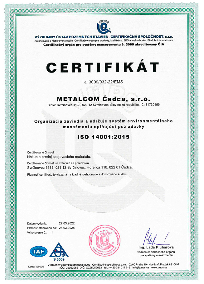 Certifikát ISO 14001 Metalcom Čadca, s.r.o.