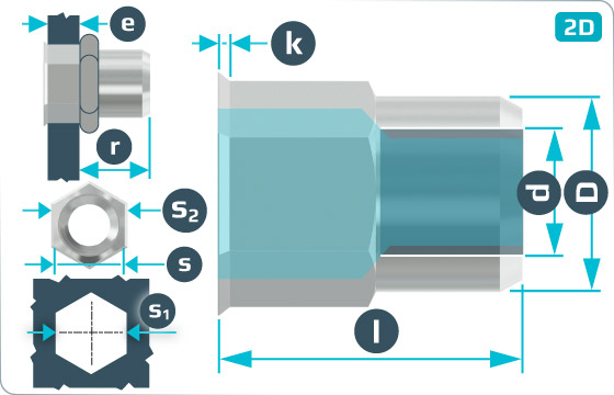 Threaded inserts reduced head and partially hexagonal shank - FTRE