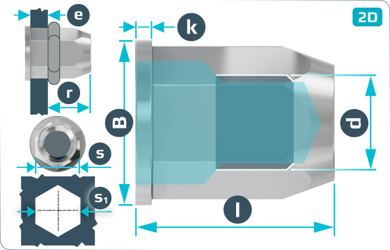 Threaded inserts cylindrical head and hexagonal shank, closed - FTTEC