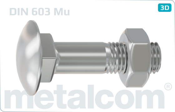 Skrutky s nosom alebo štvorhranom so štvorhranom a nízkou zaoblenou hlavou (vratové) a šesťhrannou maticou - DIN 603 Mu